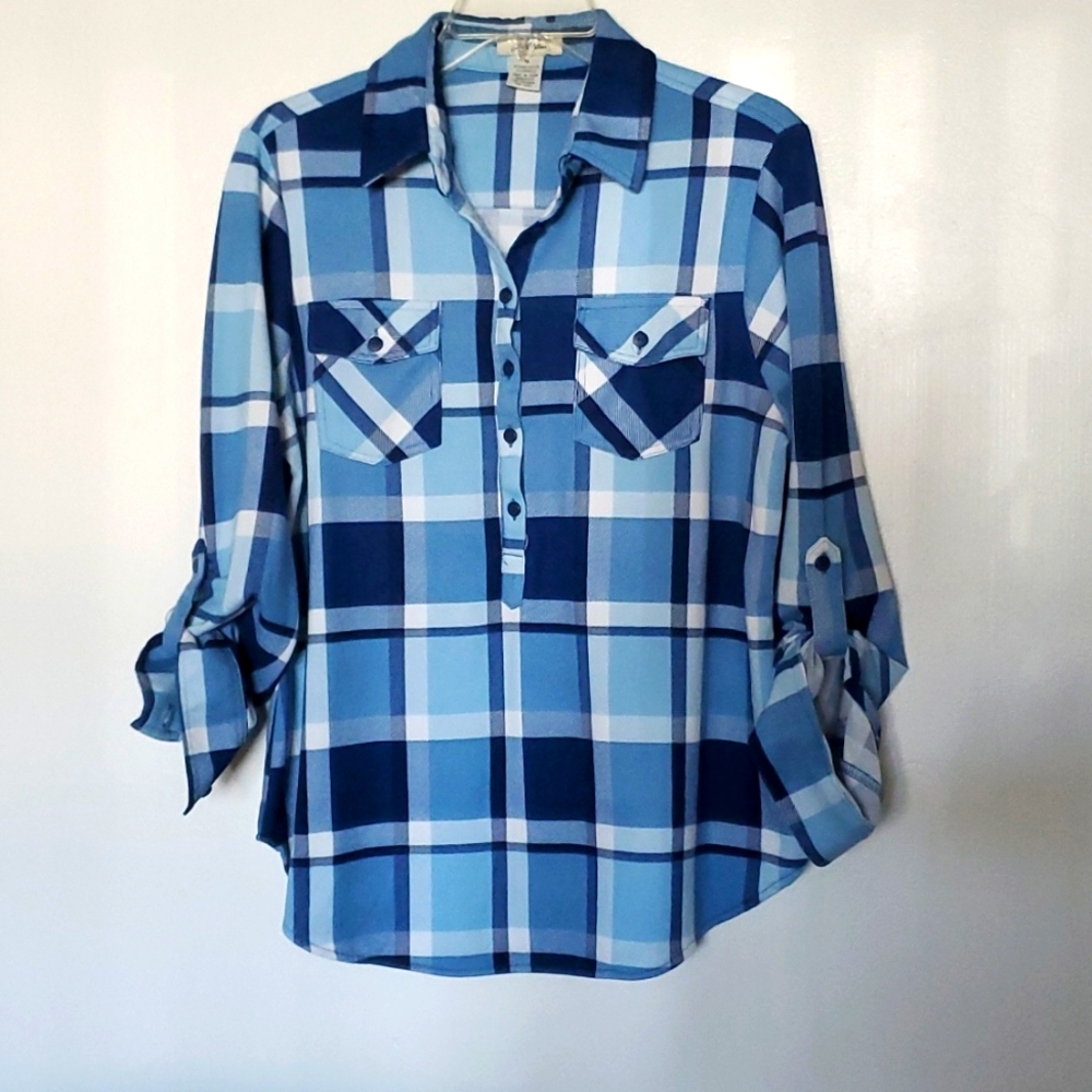 Love Potion blue and white plad blouse medium